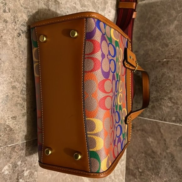 Coach Field Tote 22 In Pride Rainbow BrassTan Natural Multi Signature Canvas